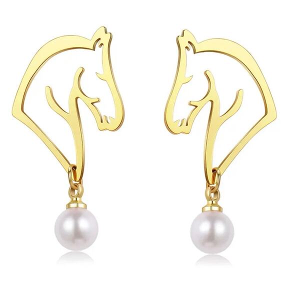 Gold Horse Silhouette Pearl Earrings - Picture 1 of 1